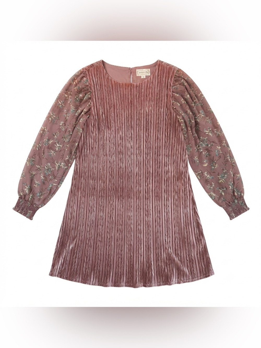Loveriche Mauve Crushed Velvet Dress Floral Long Sleeve Shift Mini Size S